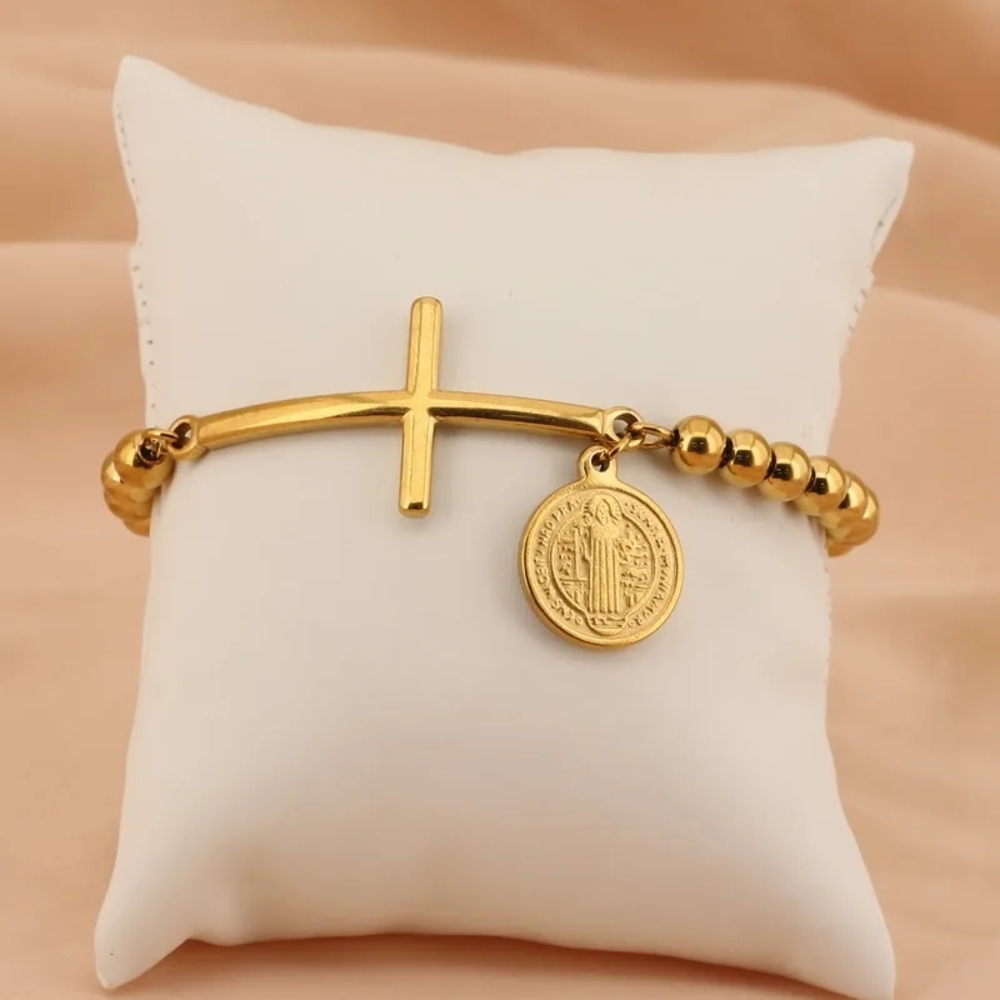 Gold Cross Bracelet with Medal Charm